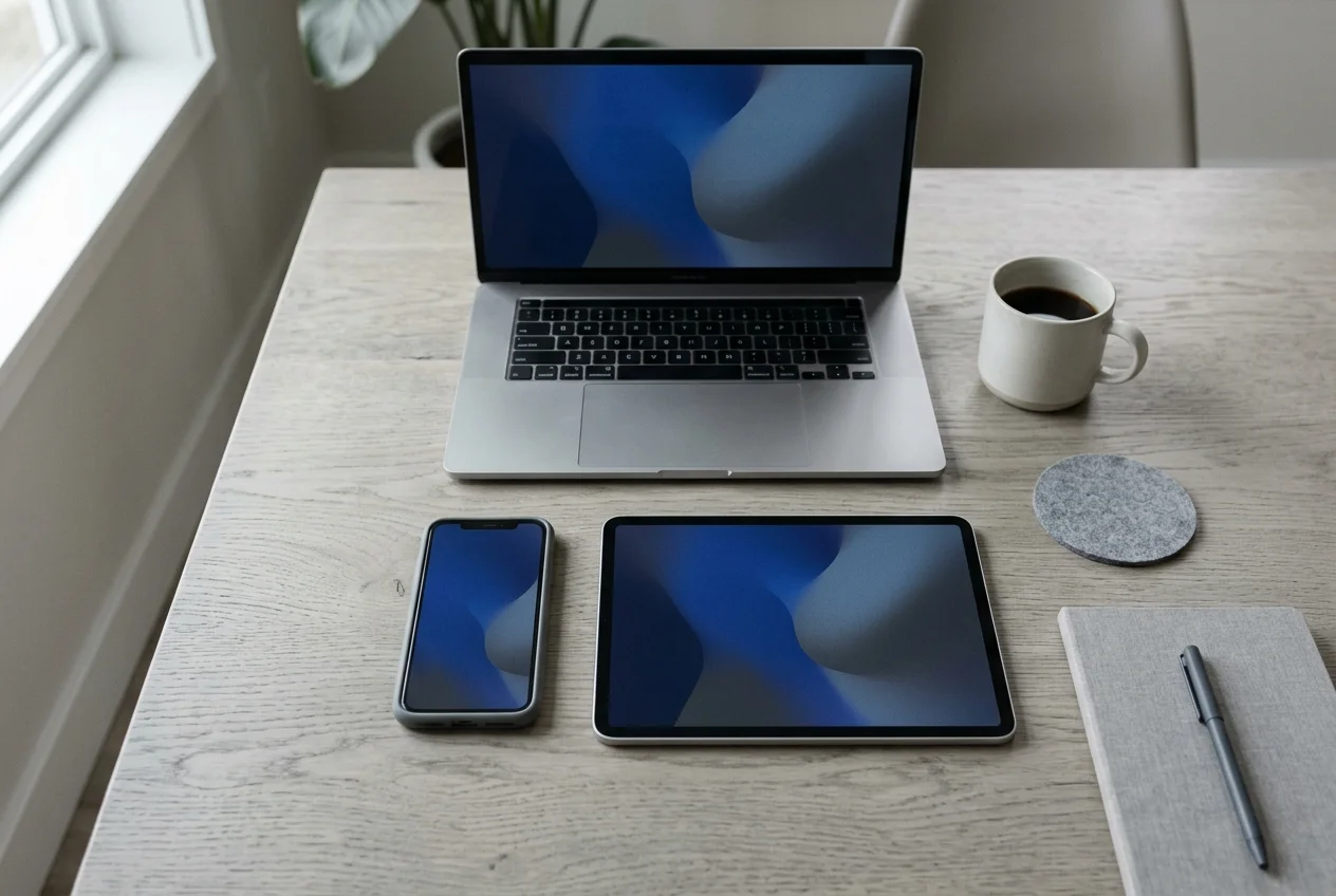 Notebook, Tablet und Smartphone auf einem Schreibtisch als Sinnbild für ortsunabhängiges Arbeiten