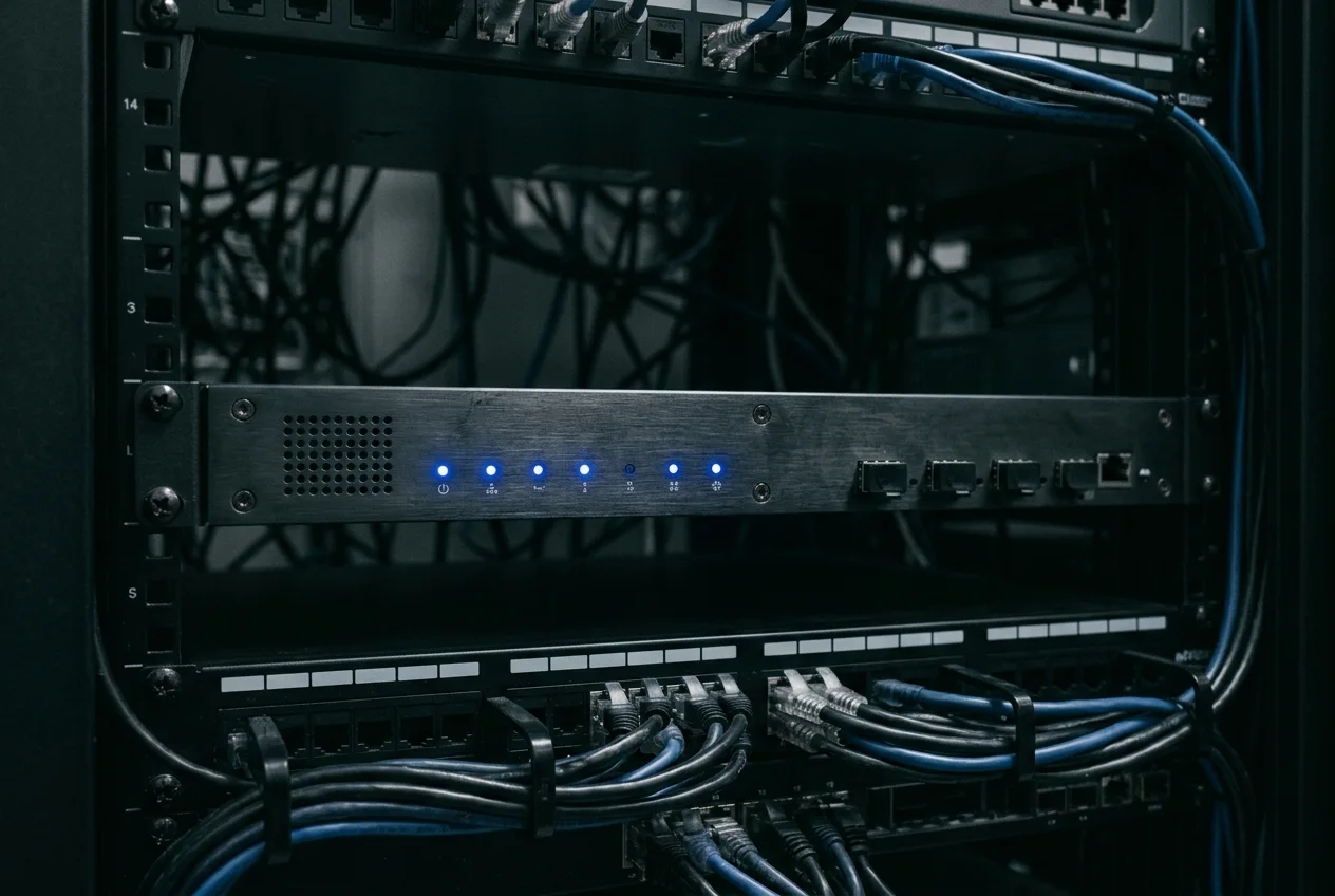 Netzwerk-Firewall im Serverschrank mit blauer Statusanzeige