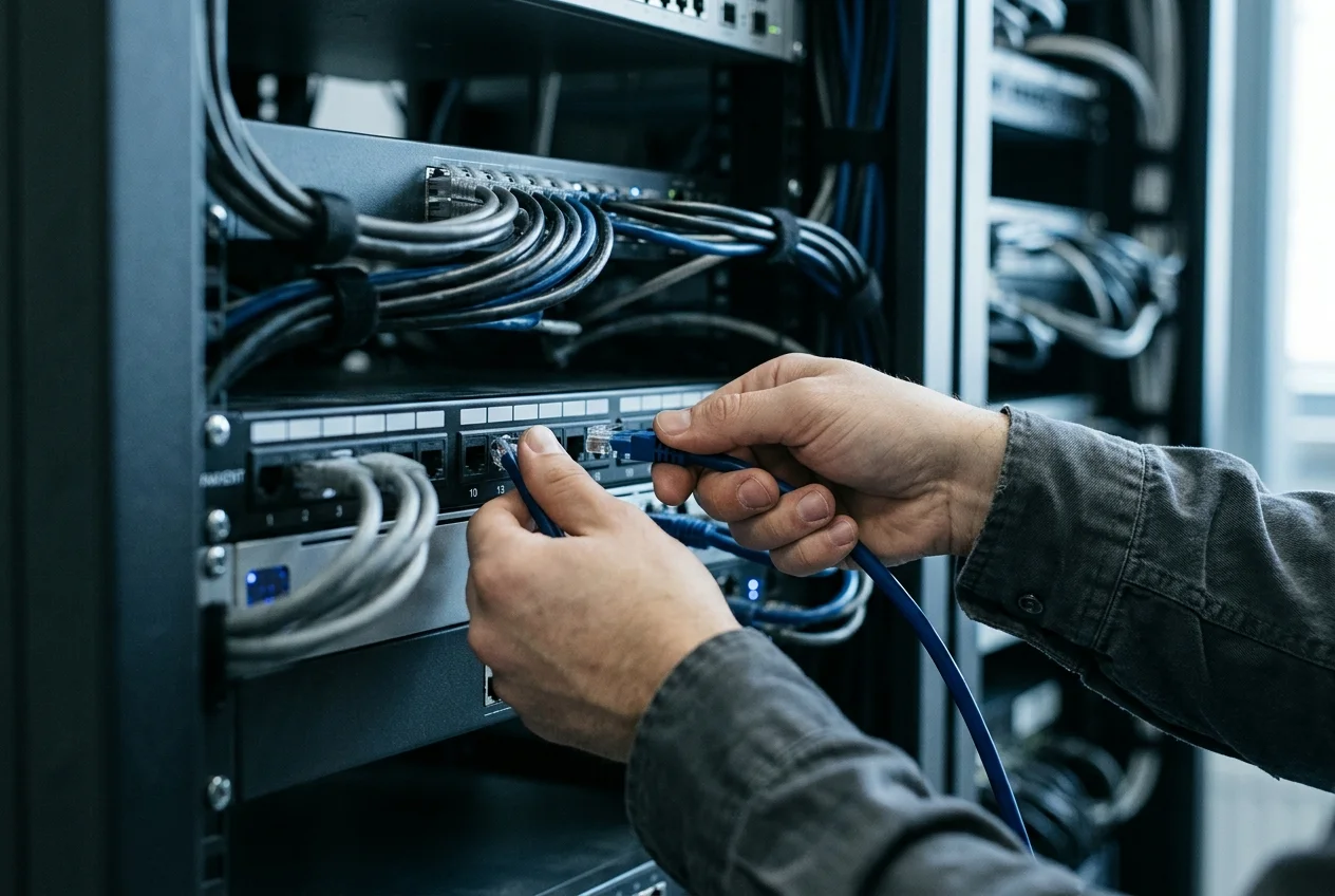 Hände stecken Netzwerkkabel in ein Patchpanel